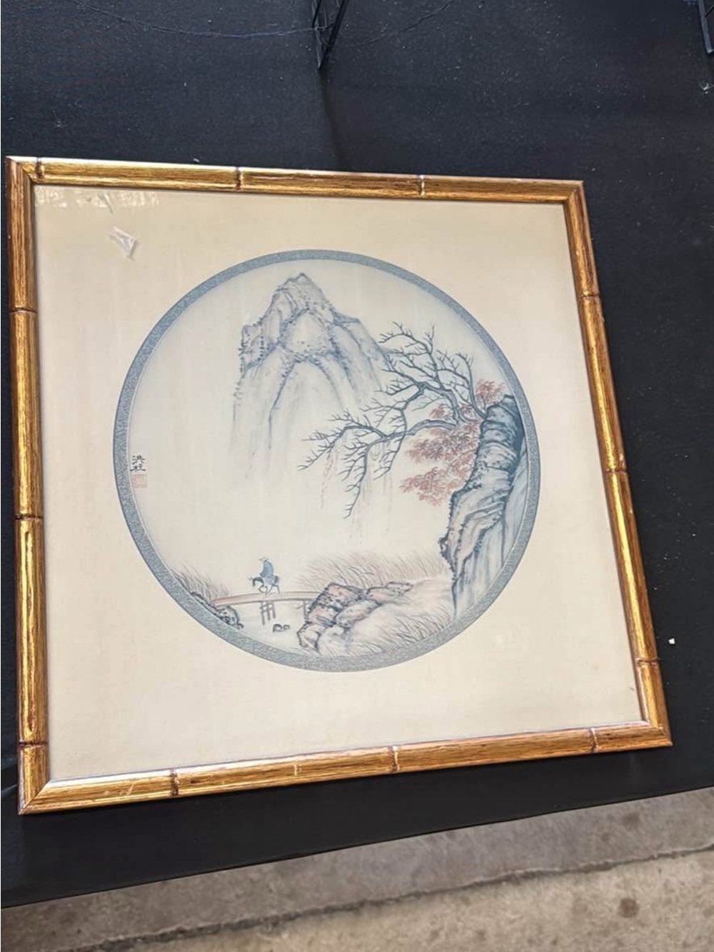 Gold Framed Blue and Cream Mountain Landscape Wall Art